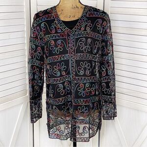 Jeannie Rainbow Embroidered Sheer Button Front Shirt Black Medium‎ Artsy